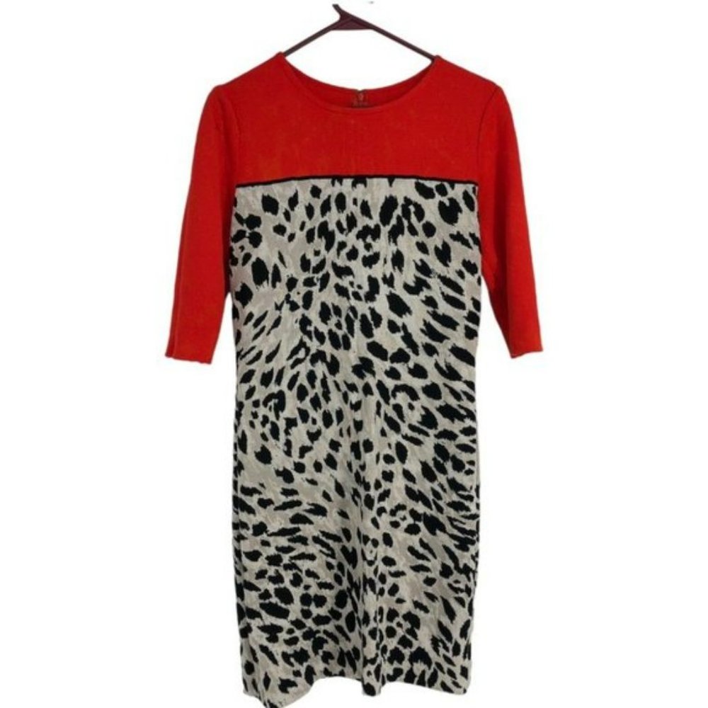 St. John Red  &  Creme Leopard Print Jersey Wool blend Midi Dress size 12